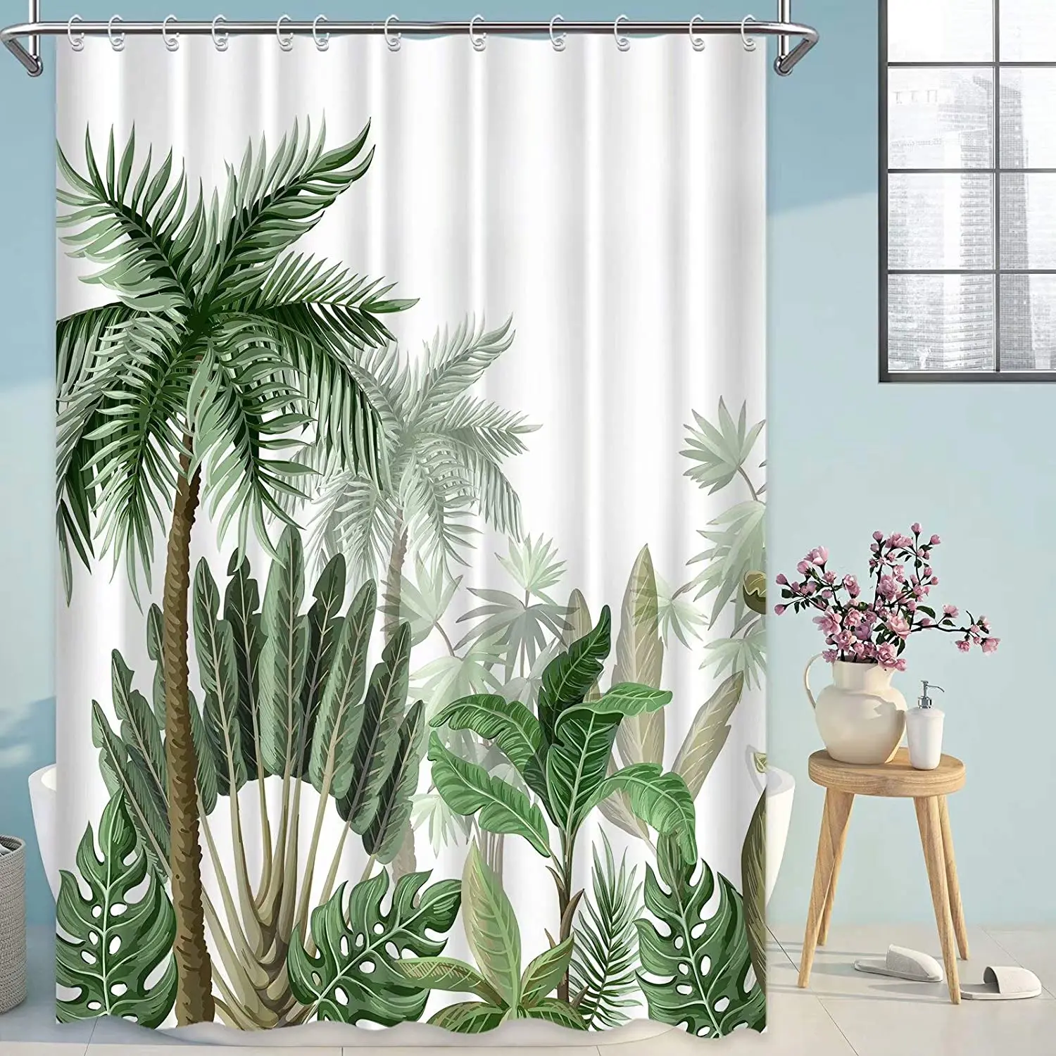 tropical jungle plants shower curtain monkey palm trees leopard flamingo parrot green leaves scenery bathroom decor curtains set free global shipping