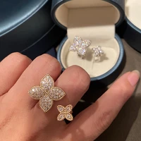 four leaf clover silver color luxury womens rings opening adjustable ring for women exquisite double flowers clover jewelry