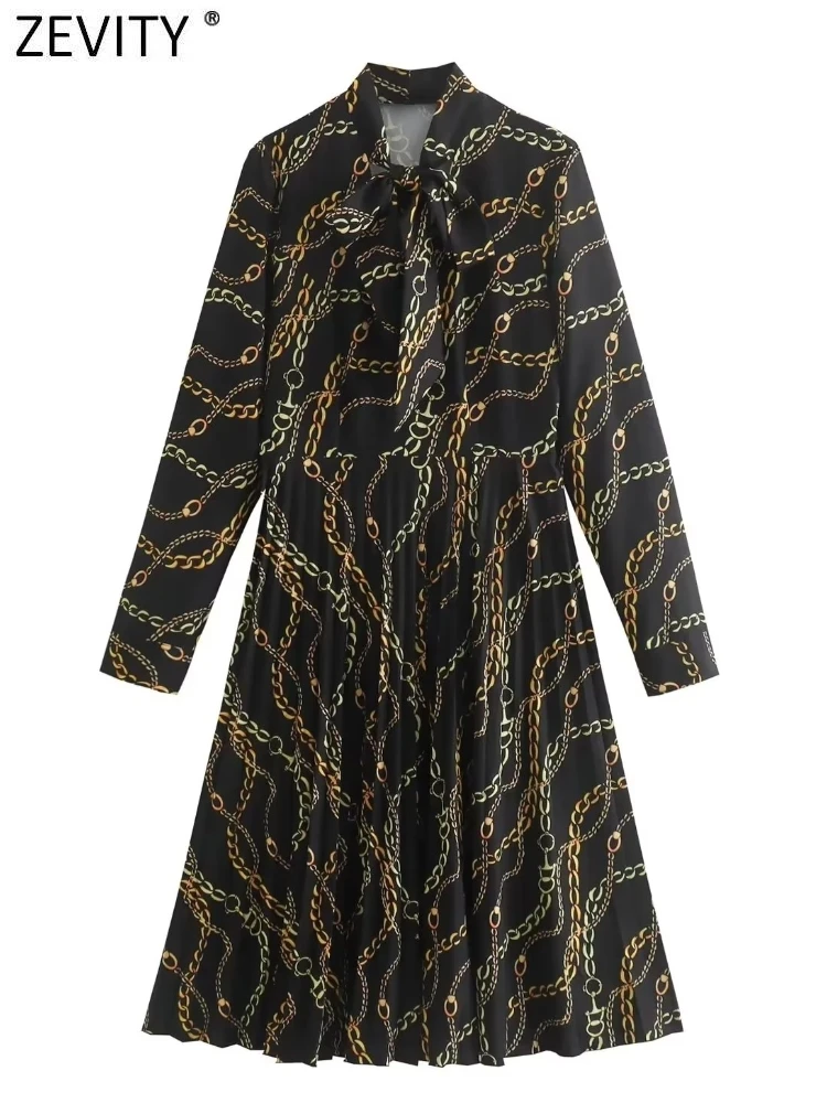 

Zevity Women Vintage Bow Tied Collar Chain Print Pleated Midi Dress Office Lady SIde Zipper Casual Slim Party Vestidos DS2415