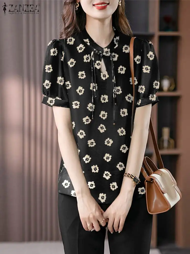 

Богемная летняя рубашка ZANZEA 2023, женская блузка с цветочным принтом, модные топы на пуговицах с узлом, праздничная Туника оверсайз с коротким рукавом