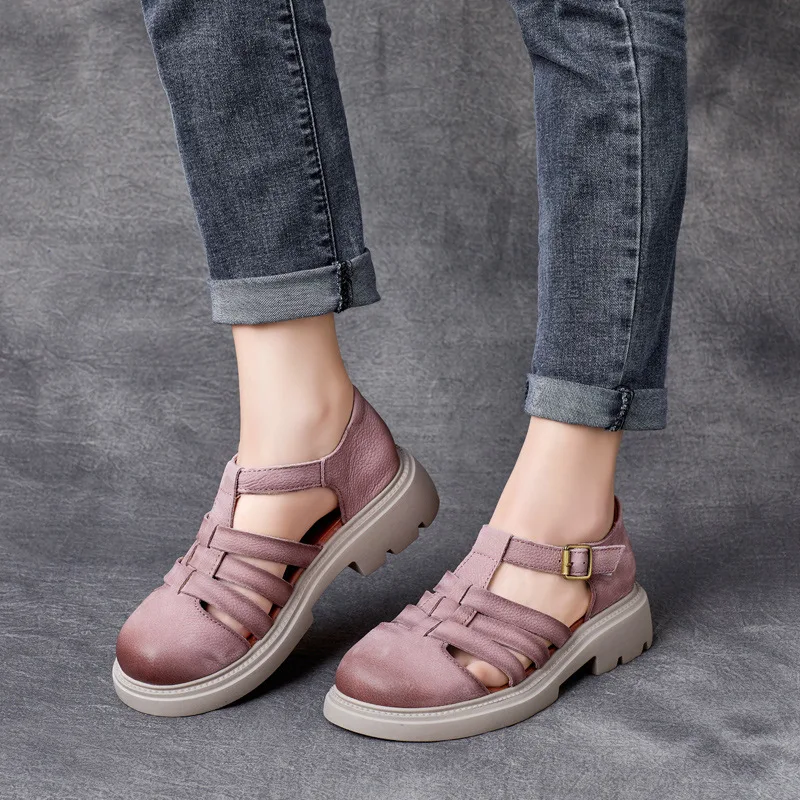 

Birkuir Thick Heel Hollow Out Sandals For Women Luxury Summer Beach Women Sandals Genuine Leather Woven Closed Toe Shoes Ladies