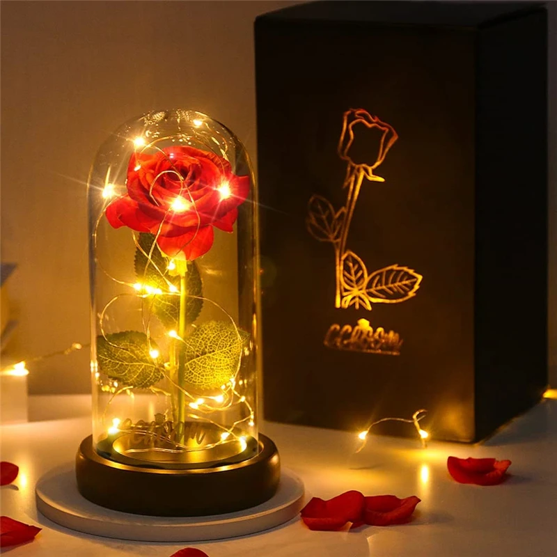 Valentines Day Gift LED Enchanted Galaxy Rose Eternal Foil Flower With Fairy String Light In Glass Cover For Valentines Day Gift