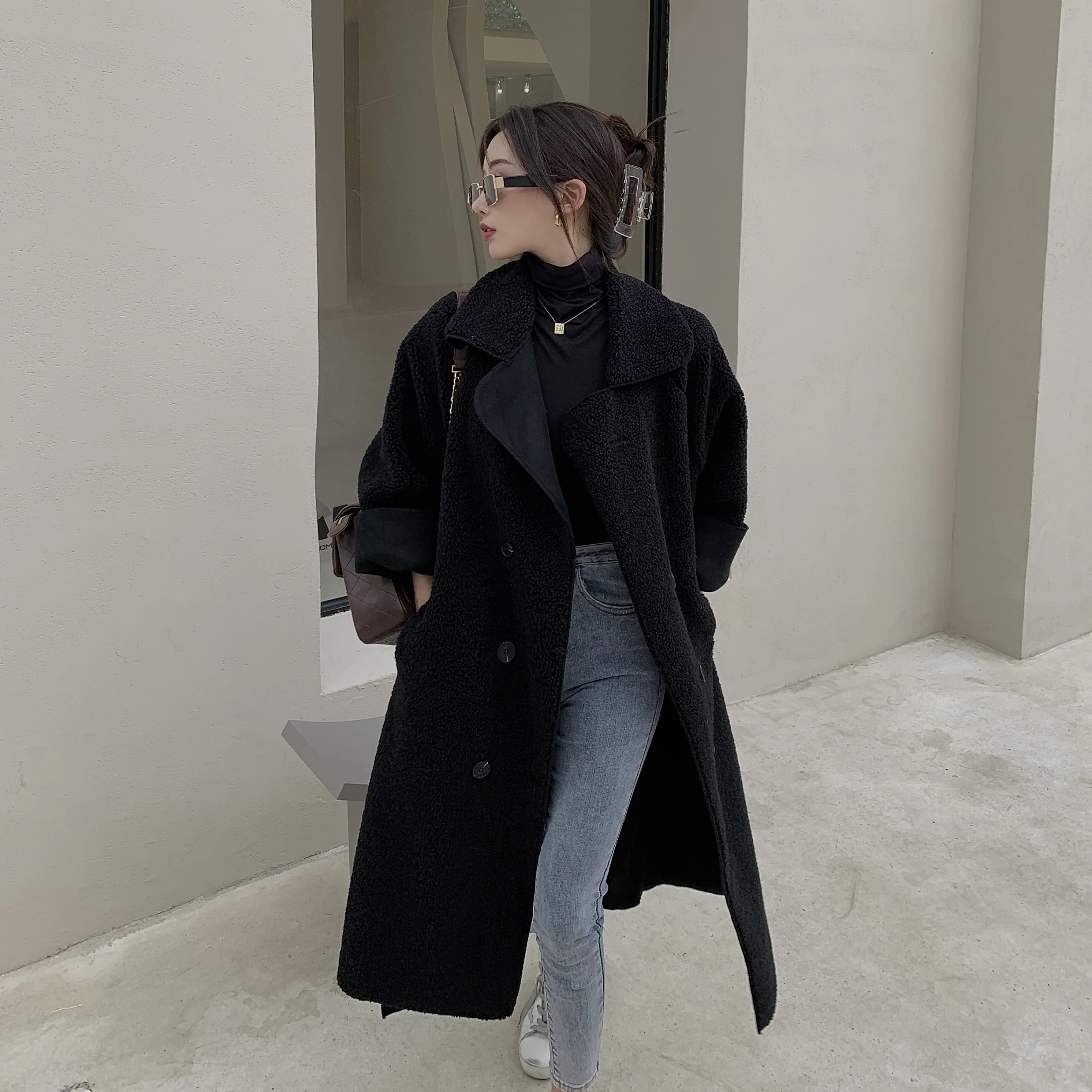 Корейская серия Hepburn Sle черный утепленный плащ из овечьей шерсти верхняя одежда