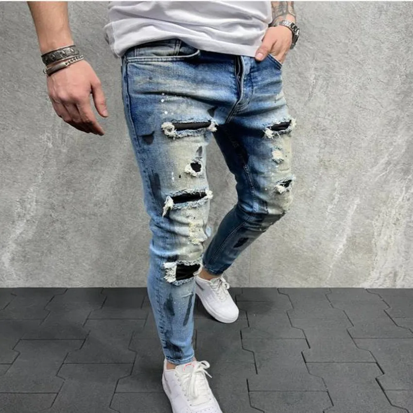 2023 New Fashion Painted Hole Ripped Skinny Jeans Men wash Solid Trouser Hip Hop Casual Slim Fit Pencil Denim Pants