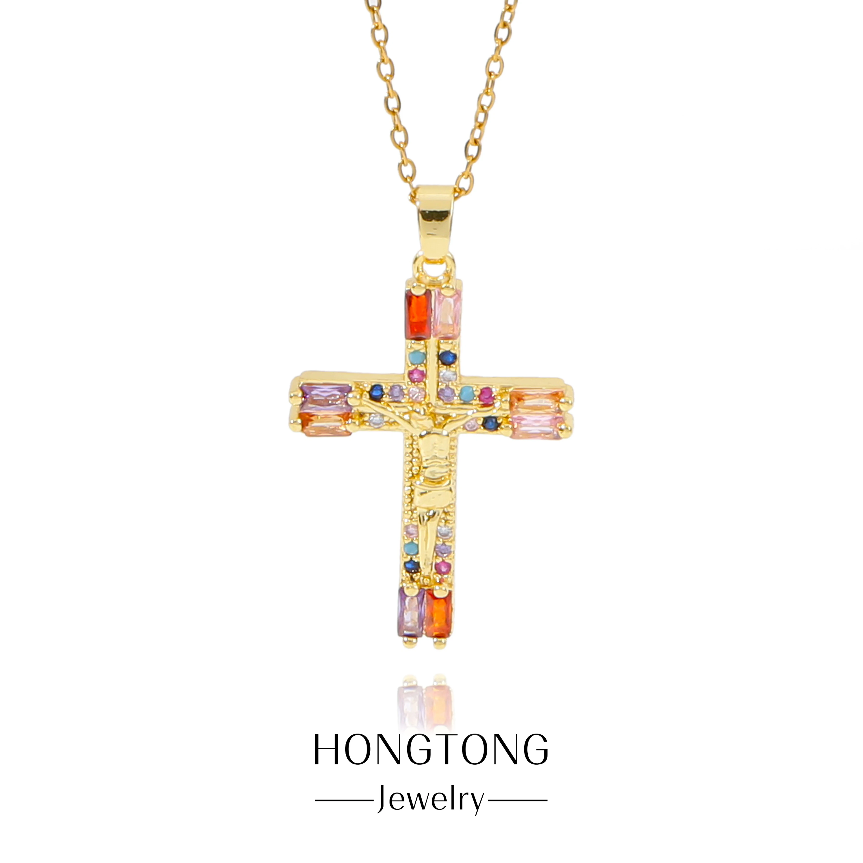 

HONGTONG Classic Jesus Colorful Zircon Relief Cross Pendant Necklace For Women's Stainless Steel Exquisite Party Gifts