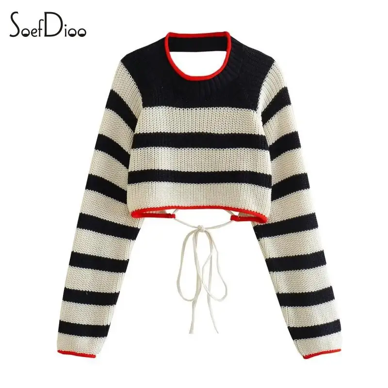 

Soefdioo Knit Stripe Cropped Top Fashion Long Sleeve O-Neck Backless Tie Up Loose Short Sweater 2023 Causal All-Match Streetwear