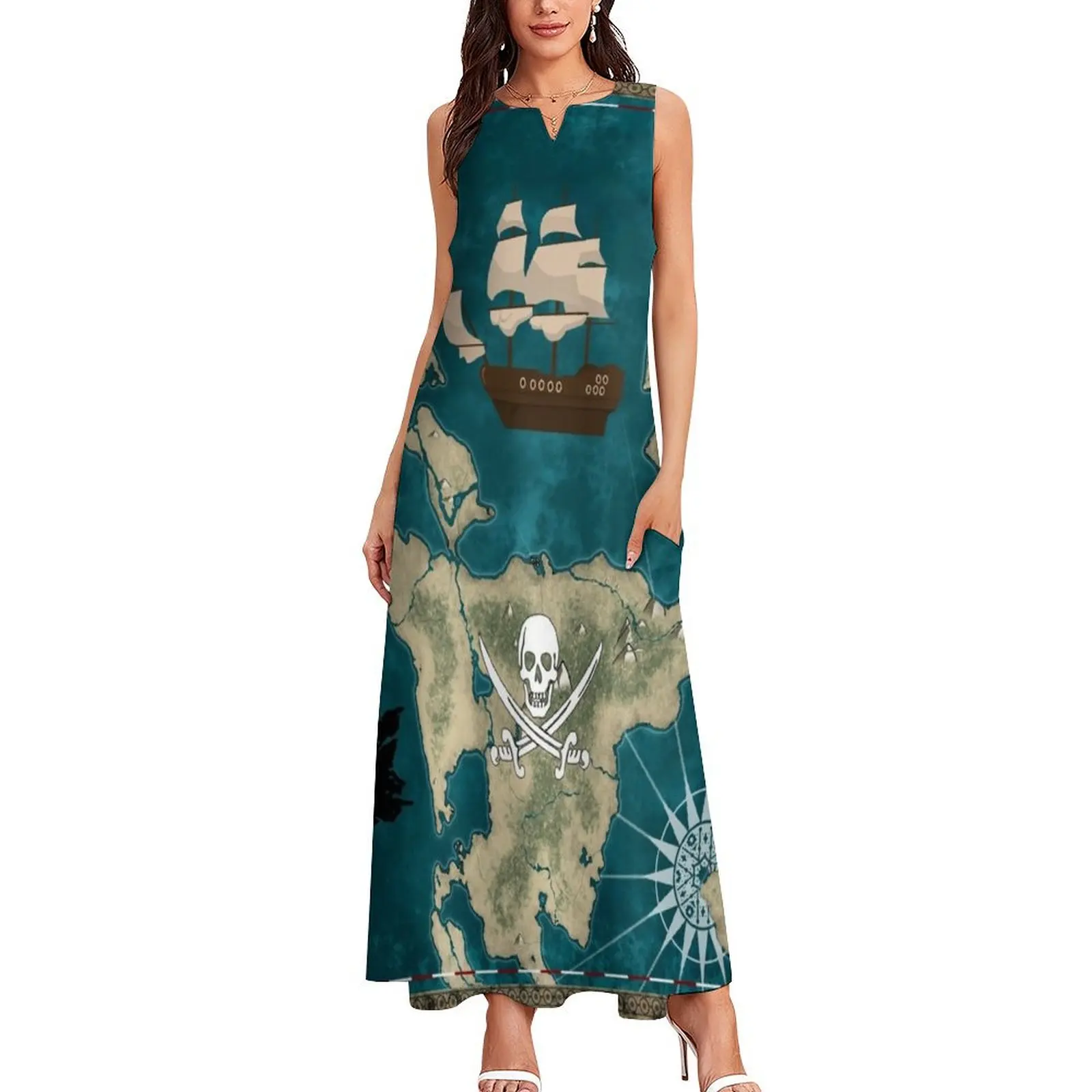 Длинное платье с картой пирата сокровищ праздничное женское элегантное