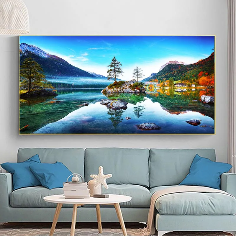 

Пейзаж осень Восход озеро Альпы горы лес Картина на холсте постеры и принты настенные картины Декор для дома без рамки