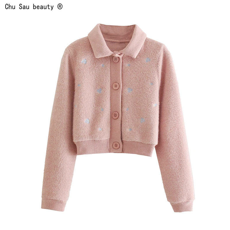 

2021 Autumn New Fashion Sweet Turn Down Collar Long-Sleeve Embroidered Single-Breasted Pink Short Knitted Cardigan Sweater
