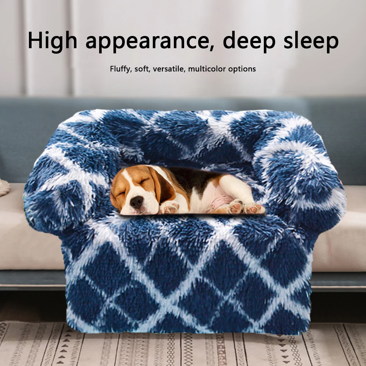 

Calming Dog Bed Fluffy Plush Dog Mat Rectangle Detachable Pet Bed with Anti-slip Bottom and Neck Bolster Washable Cat Blanket
