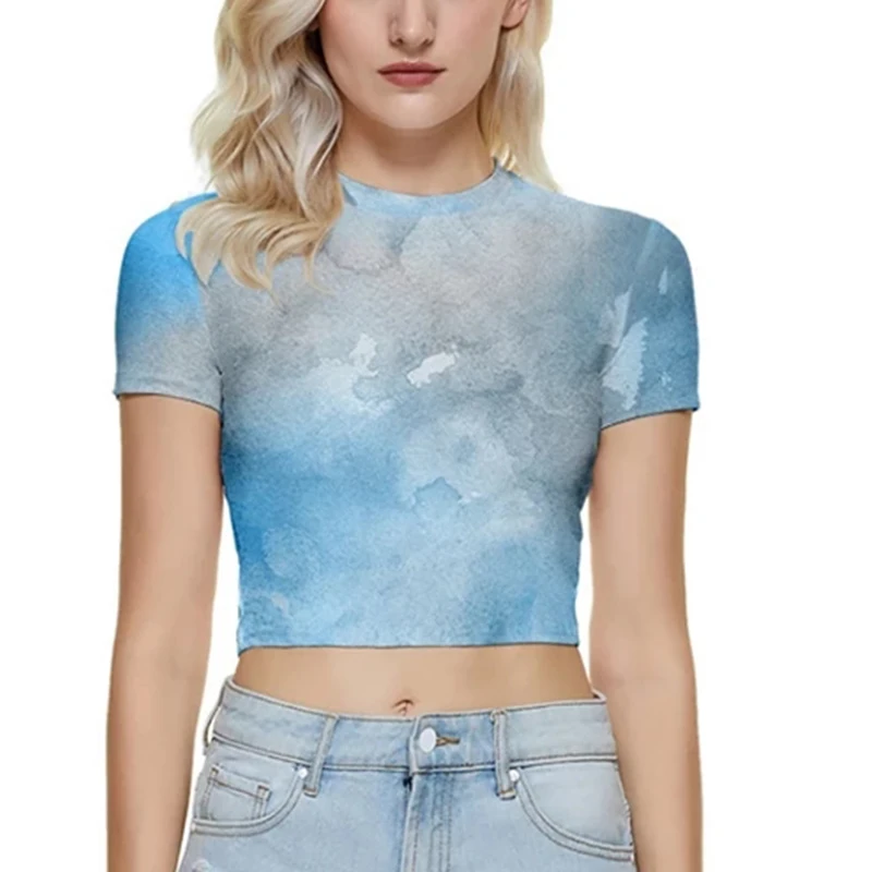 

Укороченный женский топ в стиле Харадзюку, летняя уличная одежда с красочным принтом, пикантная женская футболка с коротким рукавом и высок...