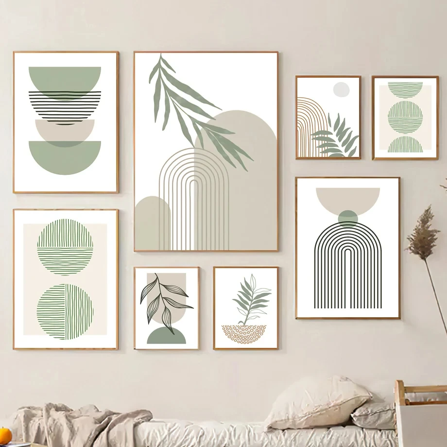 

Green Line Leaves Geometry Abstract Boho Nordic PosterRoom Decor Modern Wall Art Canvas Painting And Wall Prints For Home Decor