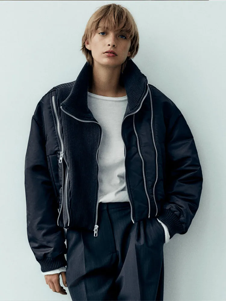 

ZA- high quality sea blue 2023 autumn and winter new retro fashion zipper stitching bomber jacket women's cotton jacket