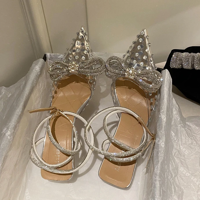 

Comemore Crystal Bow Tie Women Pumps Transparent Shoes Summer Slingbacks Women's High Heels Elegant Wedding Bridal Shoes Heel 40