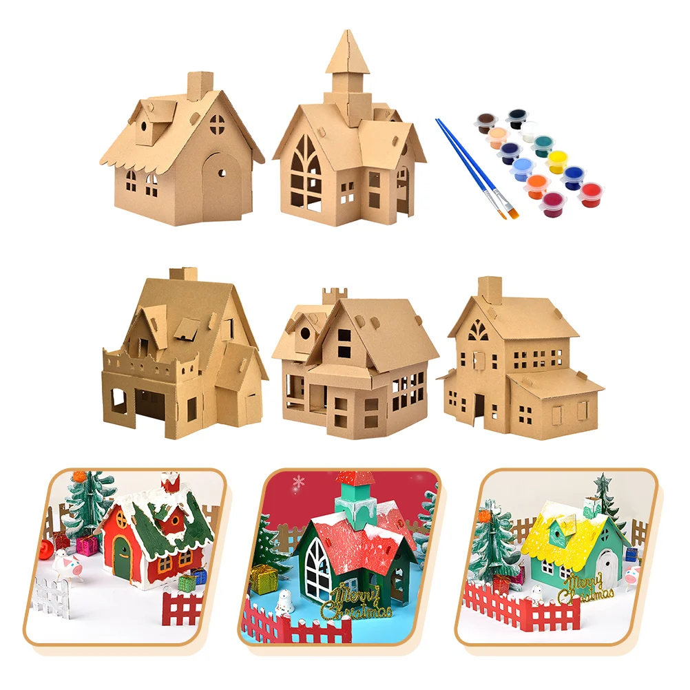 

House Christmas Cardboard Diy Village Puzzle3D Craft Wooden Houses Led Unfinished Decoration City Wood Holiday Painting Toydecor