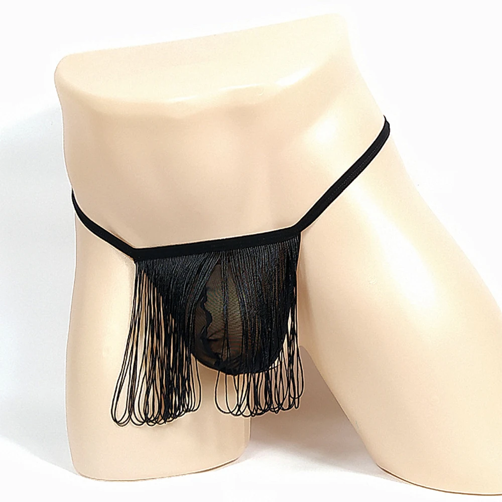 

Men Transparent Mesh G-string Tassels Man Sexy Udnerwear Backless T-back Thongs Sexy Male Low Rise Sheer Underpants