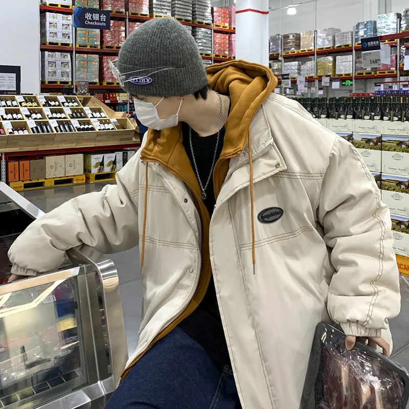 Fake Two-piece Tooling Hooded Cotton-padded Jacket Male Korean Fashion Loose Wild Warm Jacket Ins Tide Brand Cold Jacket