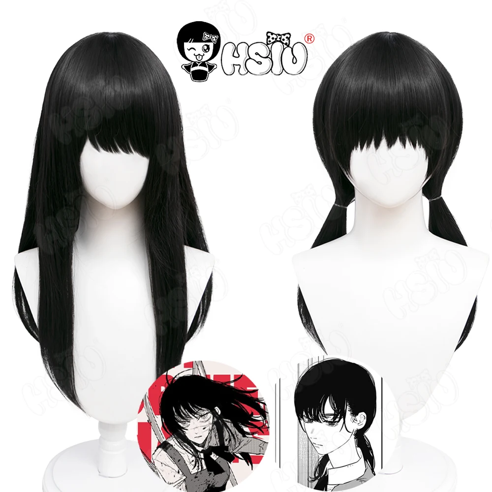 Mitaka Asa-Peluca de motosierra de Anime para hombre, Cosplay HSIU, pelo largo negro y cola de caballo doble negra, pelo largo + gorro de peluca