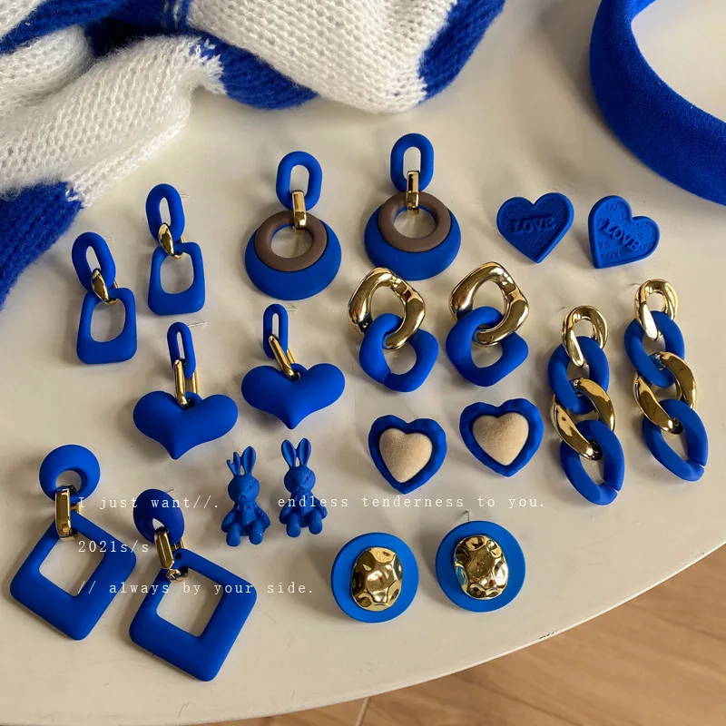

Klein blue earrings all-match retro Hong Kong style trend earrings wholesale temperament niche personality design earrings