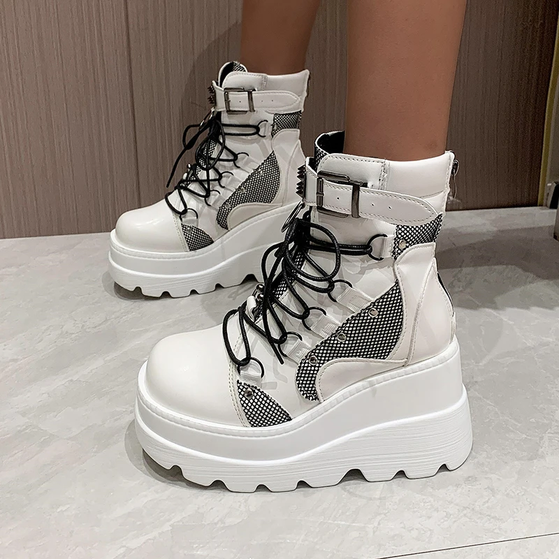 Platform Boots for Women Wedges Knee High Black Lace Up Fashion Goth Gothic Boots Punk Shoes Girls Winter 2023