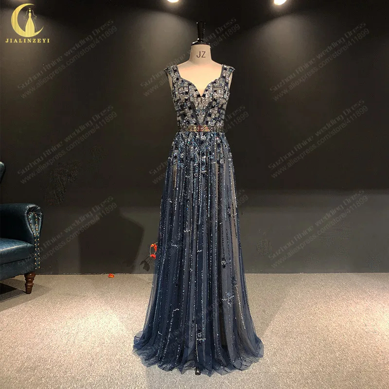 

2469 Ziad Nakad Sexy Navy Blue Beaded Luxurious Hot Sale robes de soirée femme vestidos de noche Evening dresses