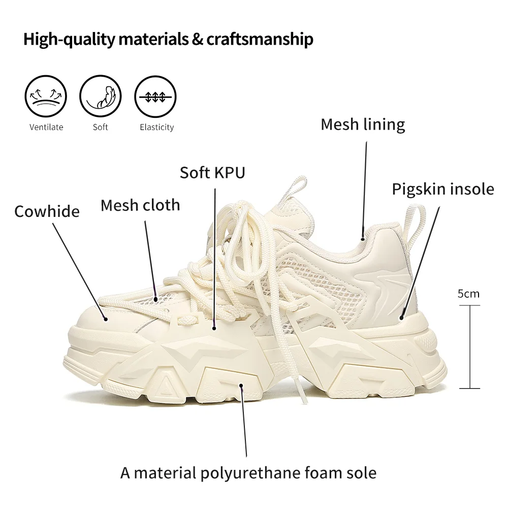 SOMILISS Genuine Leather Women Chunky Sneakers Mesh Patchwork Breathable Lace-Up Ladies Fashion Platform Casual Shoes Handmade