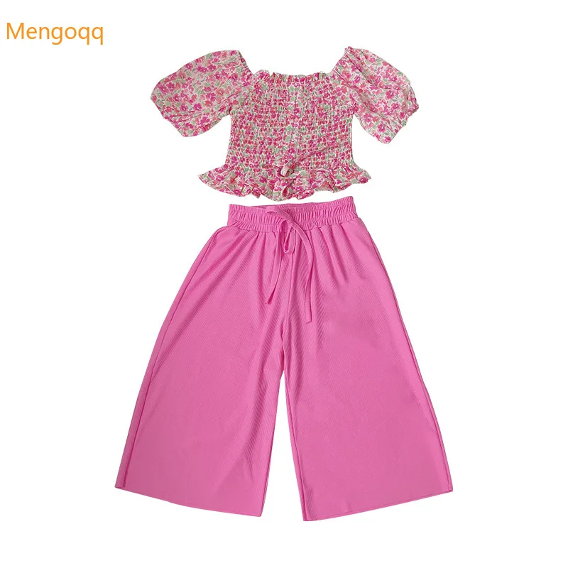 pretty girl summer half sleeve tops pullover flower solid long pants kids clothing sets 2pcs children costumes 2-7Y