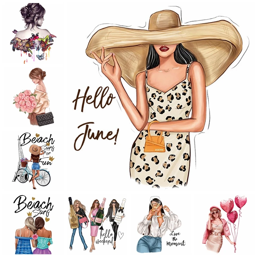 

Fashion Girl Iron-On Transfer Vinyl Patch Beautiful Girl Heat Transfer Patches Thermal Sticker On Clothes DIY Washable Applique