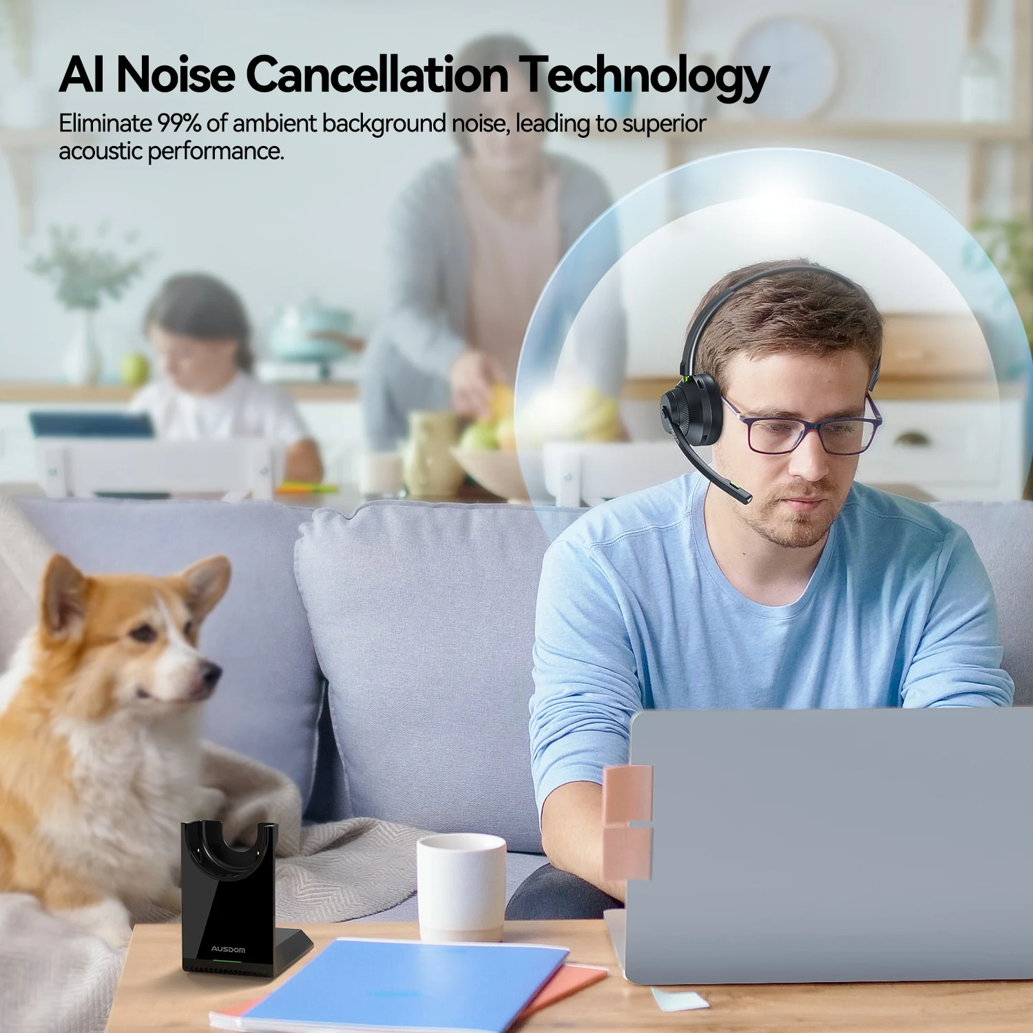 Беспроводная гарнитура AUSDOM A2302 с функцией шумоподавления, Bluetooth 5,1, зарядным устройством и подставкой
