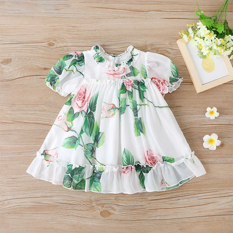 

Baby Dresses for Eid 2023 Girls' Short Sleeve Fresh Printing Dresses Fashion Sweet Flower Pattern Frocks Newborn Ruffle Skirt