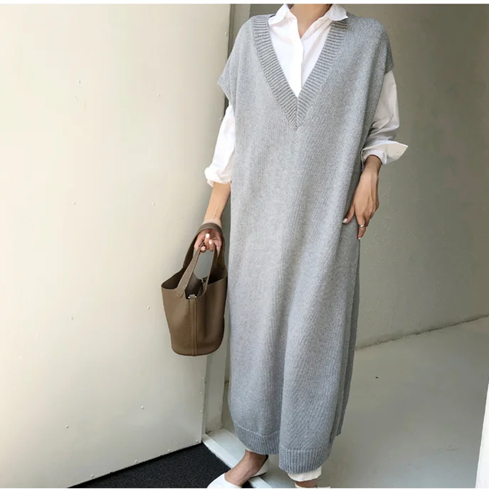 

Vest Dress Casual Winter Oversize Straight Sleeveless Cashmere Sweater Dress Women Thick Long Sweater Female SS44