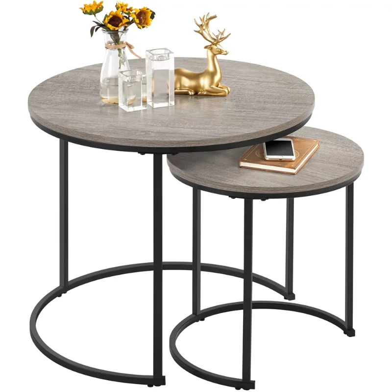 

SMILE MART Rustic Nesting Coffee Table Set with Round Wooden Tabletop, Gray