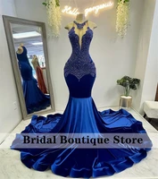 sexy blue mermaid prom dress 2022 for black girls velvet halter beads aso ebi birthday party gowns robe de bal
