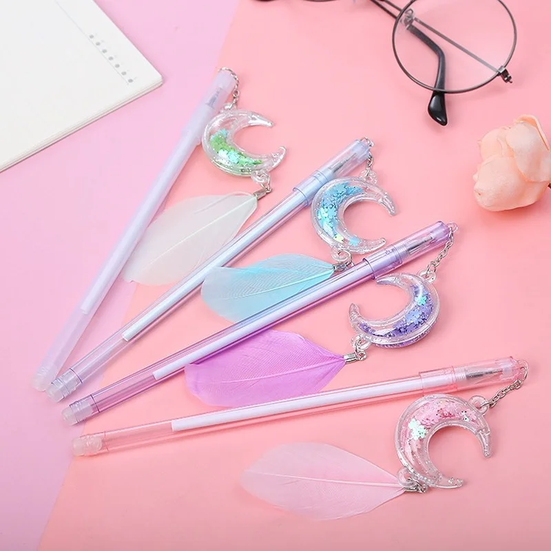 20 Pcs Moon Feather Pendant Gel Pen Cute Student Creative Celebrity Girl Heart Water-based Signature Pen Pink School Supplies