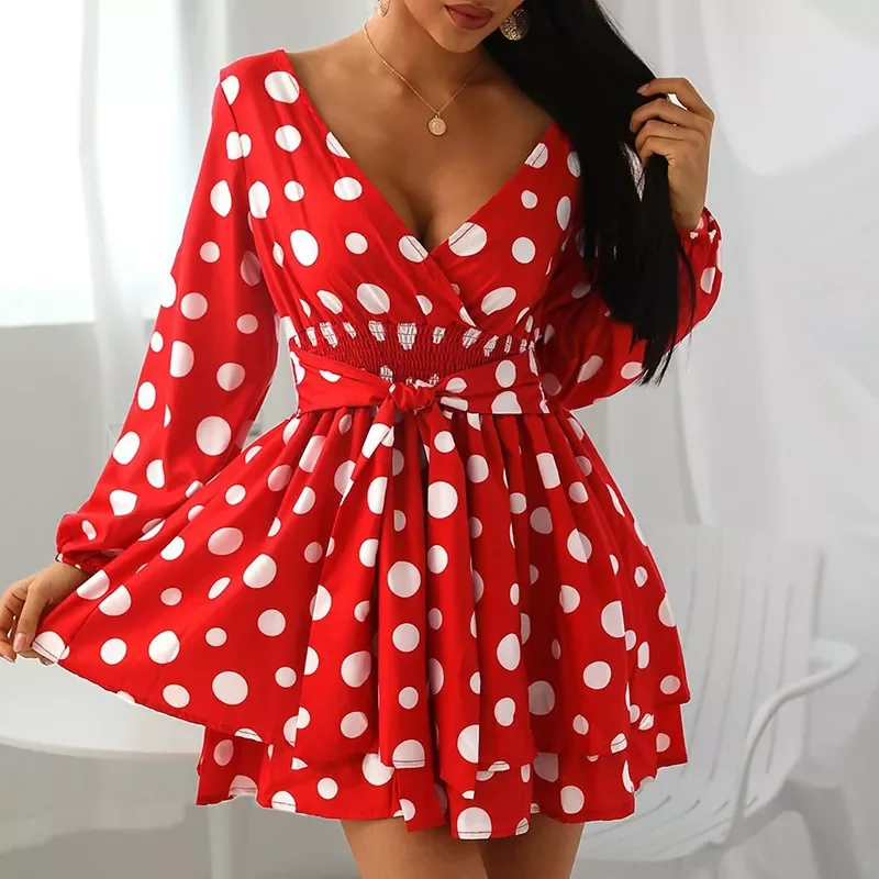 

NEW IN Women V Neck Polka Dot Print Long Sleeve Dress Spring New Lace Up Polka Dot Print High Waist Knee Length Dress Casual Clo
