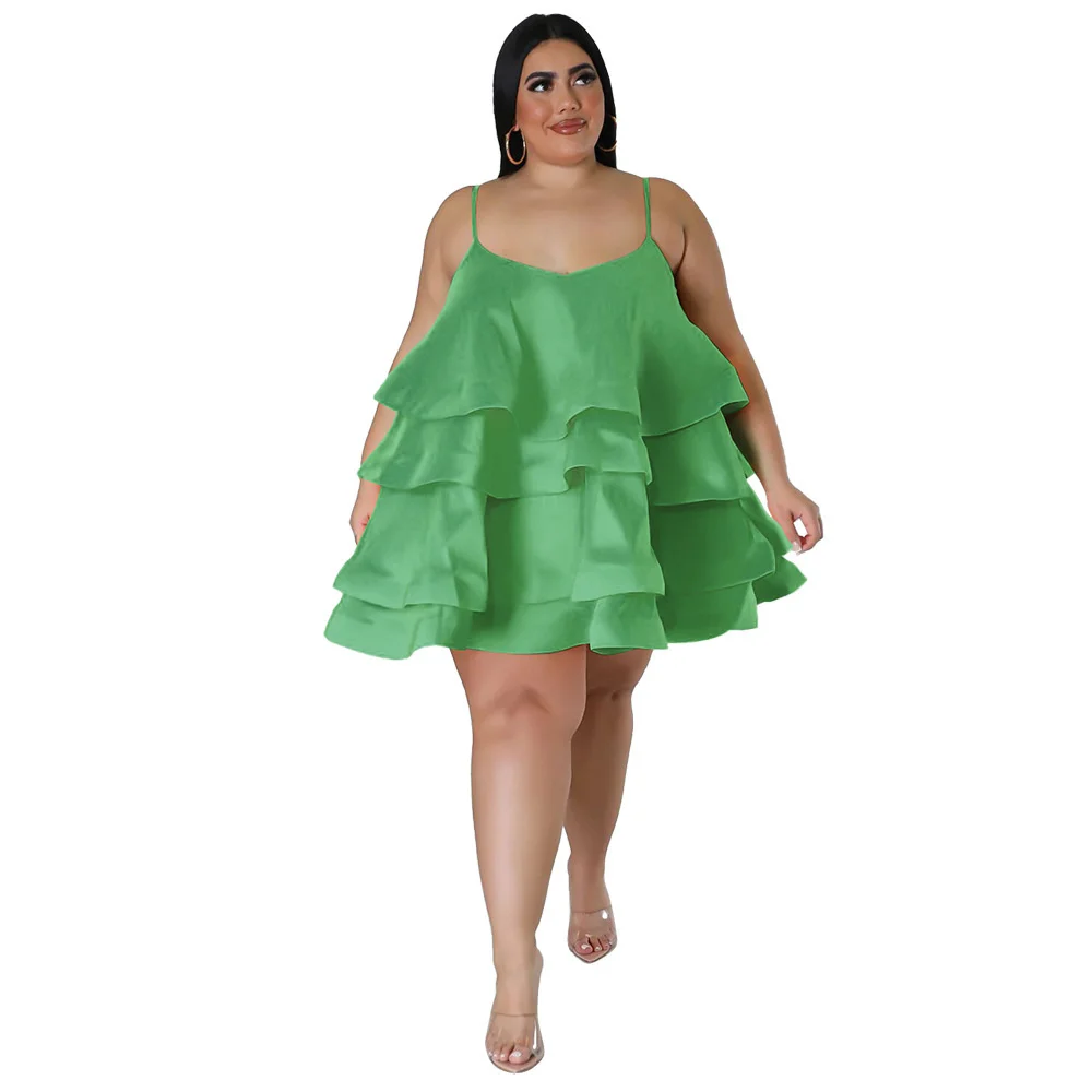 Plus Size Summer Sexy Puff Ruffles Sleeveless Women Dress 4xl Spaghetti v Neck Layers Solid Holidays Par 3xl 4xl 5xl 6xl