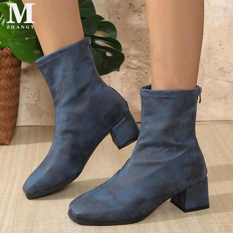 Женские ботильоны на массивном каблуке модные кожаные ботинки с квадратным