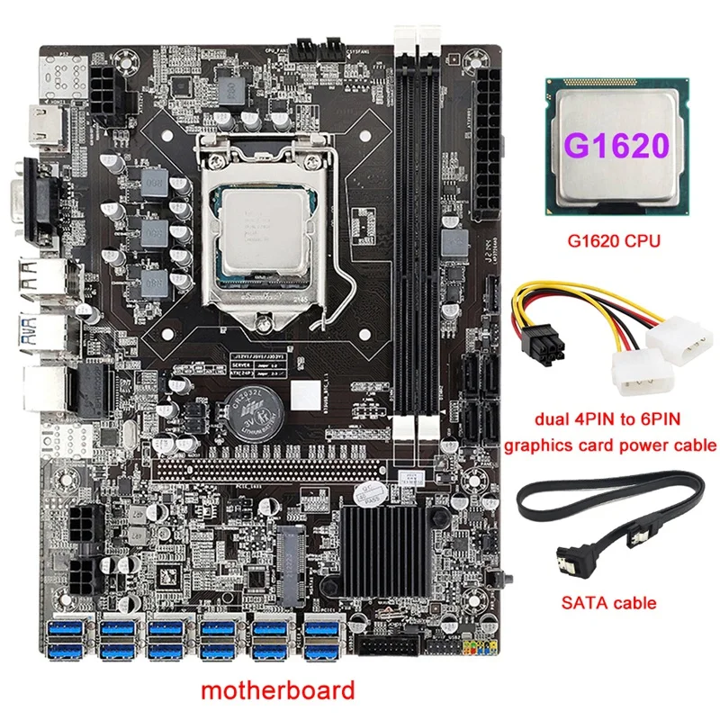 

NEW-B75 12 Card Mining Motherboard Set+G1620 CPU+4PIN To 6PIN Power Cable+SATA Cable 12USB3.0(PCIE) LGA1155 DDR3 RAM SATA3.0