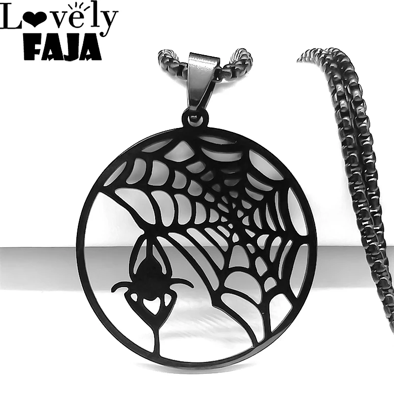

Creative Gothic Spider Web Pendant Necklace Stainless Steel Black Color Round Hollow Necklaces Jewelry Halloween Gifts N4251S03