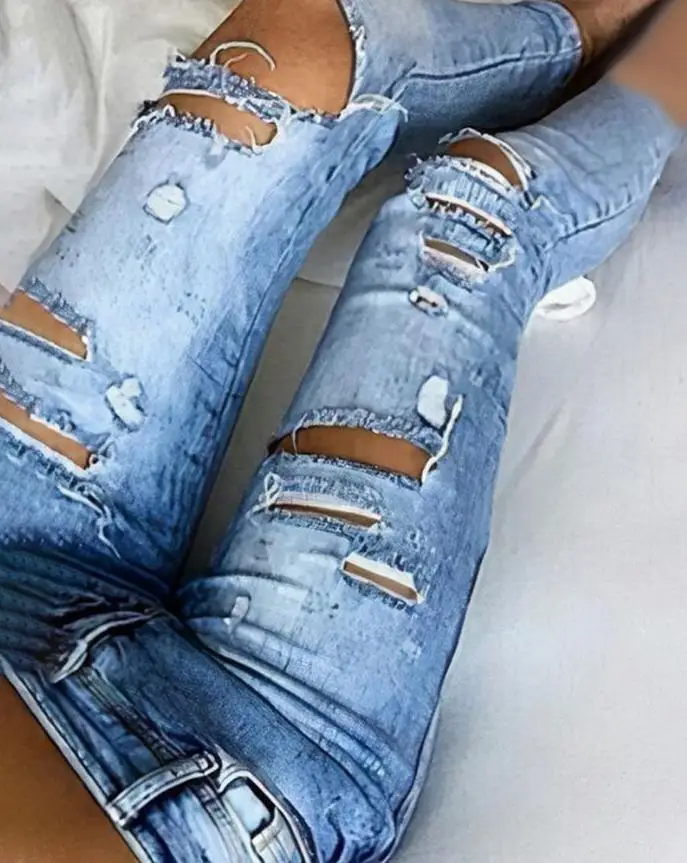 

Sexy Cutout Ripped Low Waist Jeans Denim Skinny Plain Daily Casual 2023 Fashion Women's Jeans