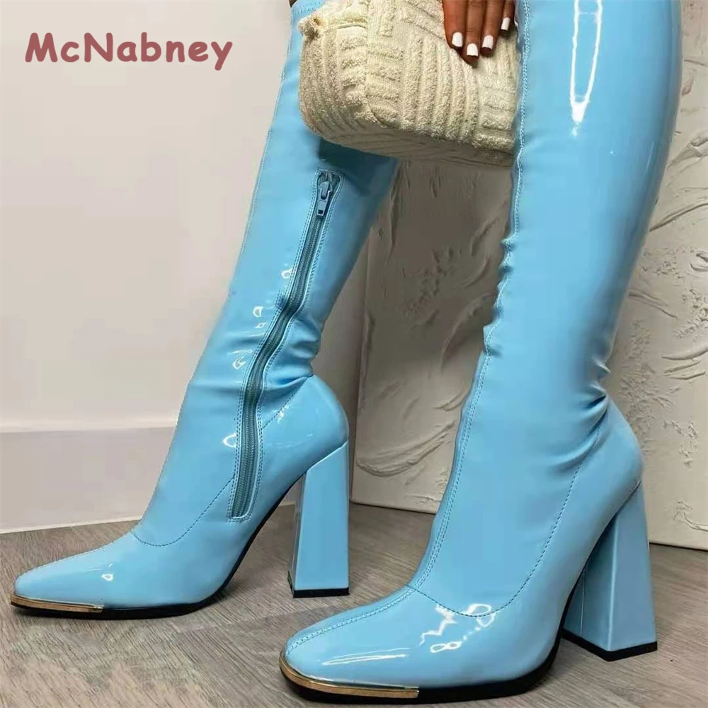Women Boots Knee-High Classic Square Toe Boots Zip Boots Party Dress Dance Shoes PU Shiny Leather Chunky High-Heeled Boots