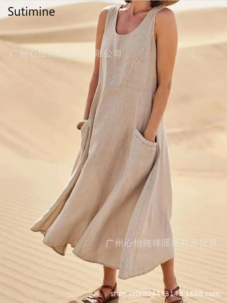 

Strap Style Large Swing Ethnic Tribal Style Summer Splicing Sleeveless Women's Cotton Linen Long Dress