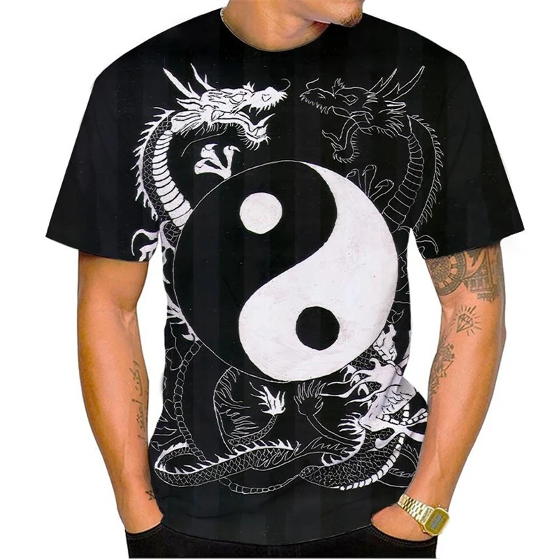 Gossip Tai Chi Yin Yang Men's T-Shirt 3d Printing Graphic Cool Dragon T Shirt Outdoor Casual Short Sleeve Round Neck Tees Tops