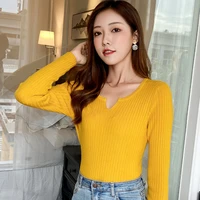 spring and autumn new womens knitted small v neck solid color basic style pullover sweater long sleeve slim bottoming sweater