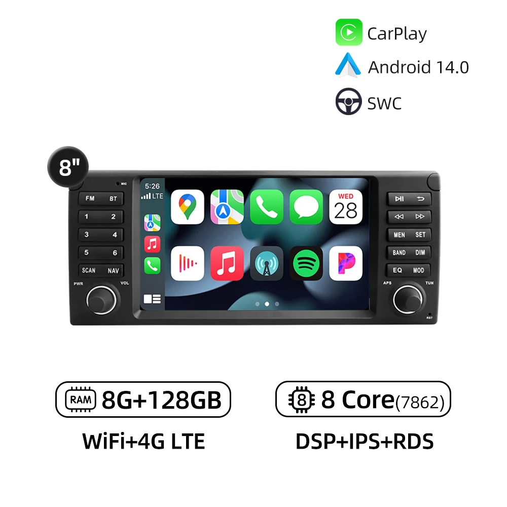 

Android 14.0 CarPlay GPS-навигация 4G WiFi Bluetooth Автомобильный мультимедийный плеер RDS Стерео Автомобильное радио для BMW E39 M5 E53 X5 1995-2007