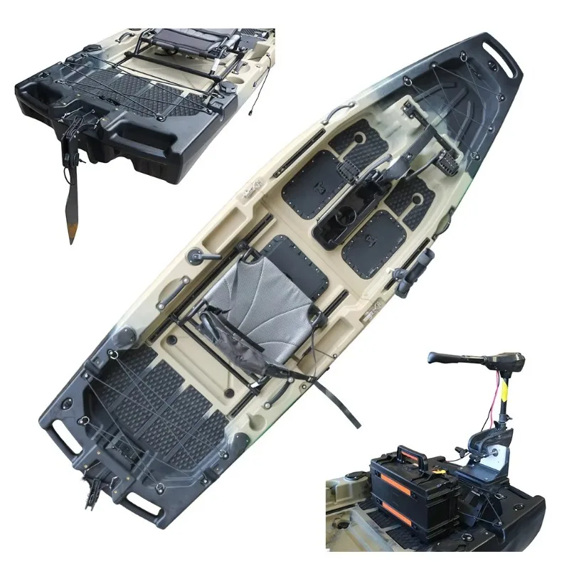 Фото Одноместный моторизованный морской каяк/каноэ из HDPE/PE с педальным приводом, легкий, прочный, с веслом, сертификат CE, гарантия 2 года №1