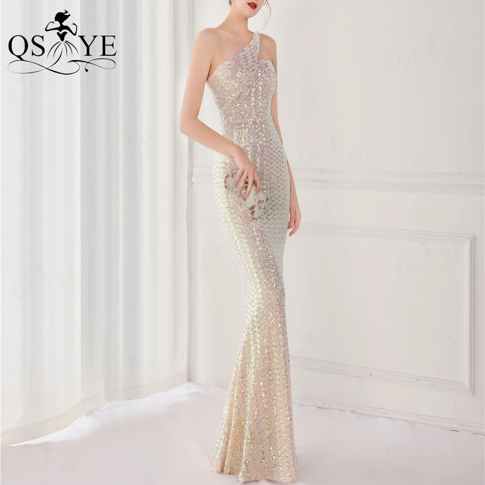 

Sparkle Beige Prom Dresses One Shoulder Shiny Sequin Evening Gown Fit Mermaid Girl Party Dress Glitter Women Formal Gowns Chic