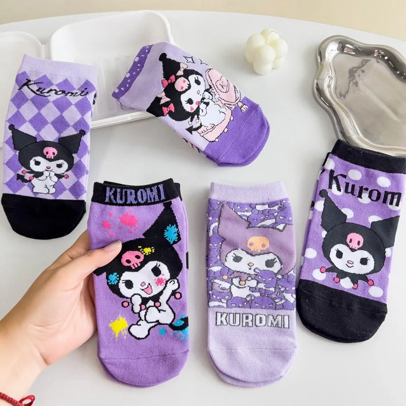 Sanrio Hellokitty Kuromi Хлопковые Носки С Героями Мультфильмов Аниме Для Женщин Мягкие
