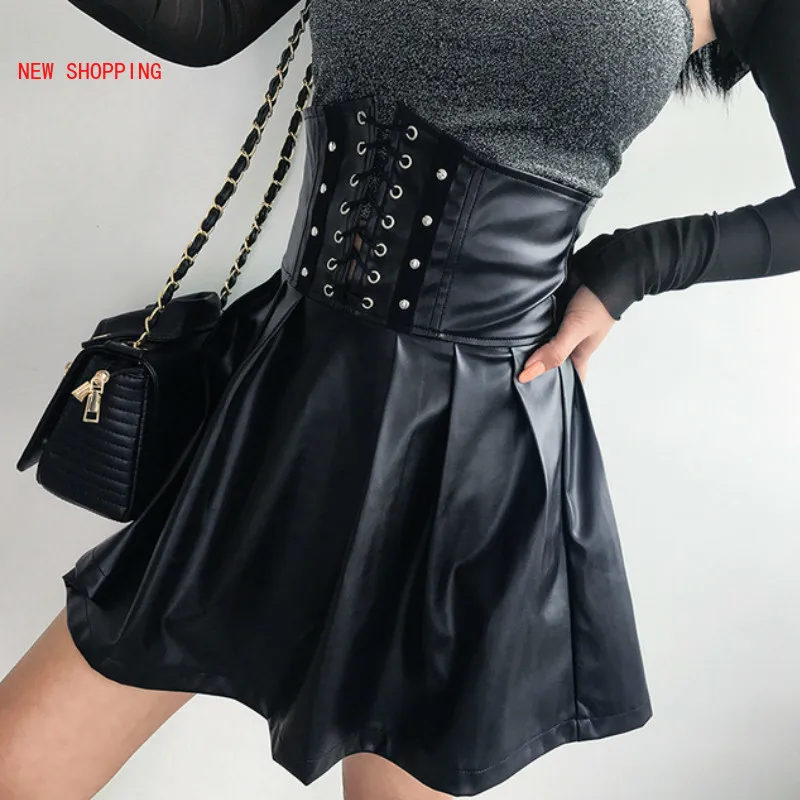 

Sexy Club Womens PU Lace-UP In Back Black Mini Pleated Skirt Casual Fashion Empire Skirts Female Skinny Pop Skirts Party 2023