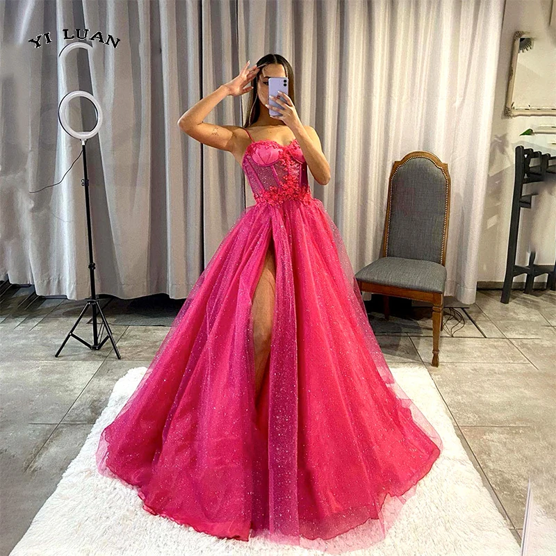 

Ярко-розовое Тюлевое ТРАПЕЦИЕВИДНОЕ платье для выпускного вечера с 3D цветочной аппликацией милое платье с высоким разрезом для встречи выпускников платье принцессы